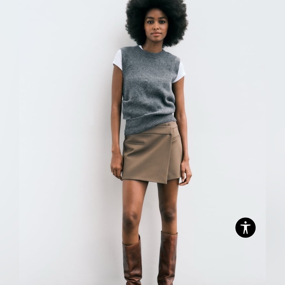 Zara Womens Taupe Layered Wrap High Waist Mini Skort S Asymmetrical Preppy Chic